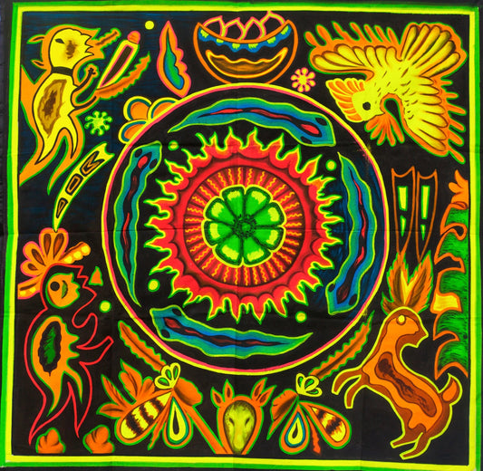 Huichol Peyote Mandala UV Painting - 100x100cm - painted on order - fully blacklight glowing colors - peyote visionary artwork