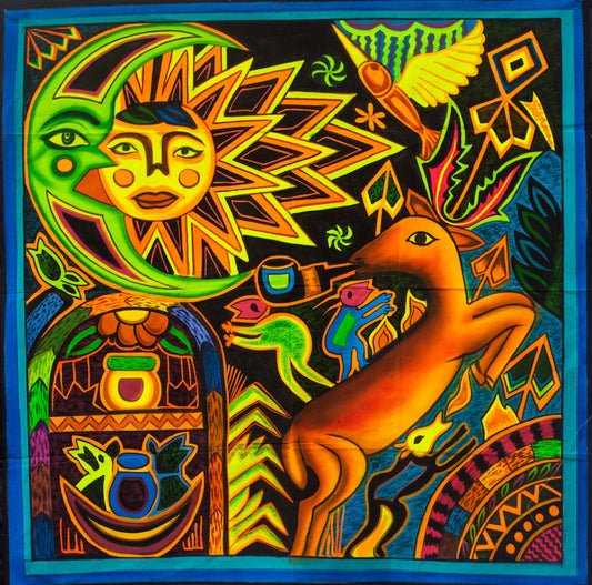 Visionary Peyote UV Artwork - 100x100cm - painted on order - fully blacklight glowing colors - huichol spirit artwork