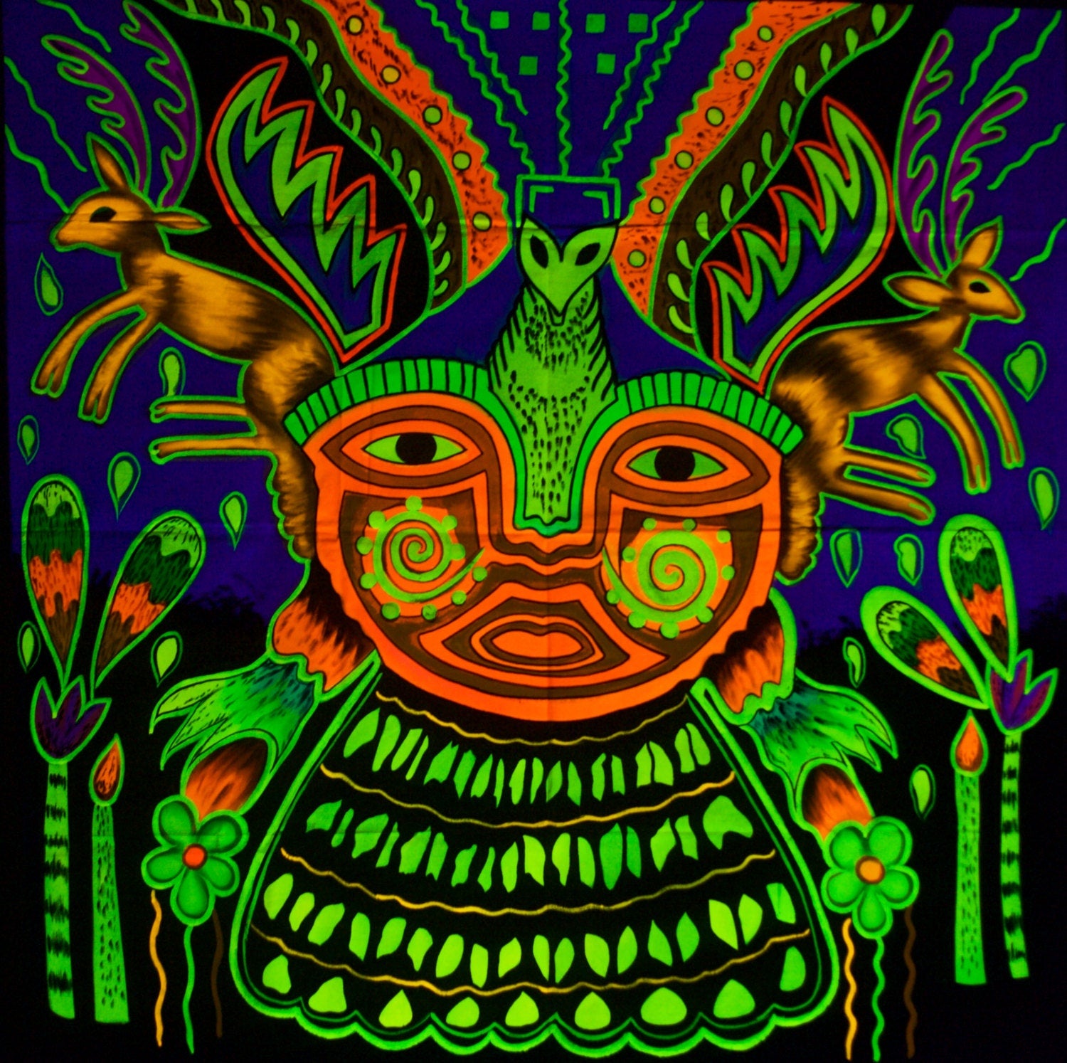 Hikuri Shaman UV Painting - 100x100cm - fully blacklight glowing colors - huichol mescaline artwork