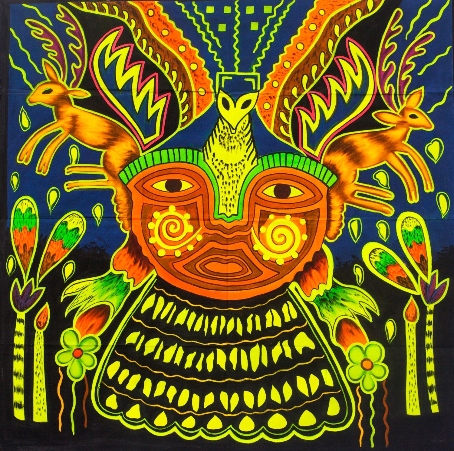 Hikuri Shaman UV Painting - 100x100cm - fully blacklight glowing colors - huichol mescaline artwork