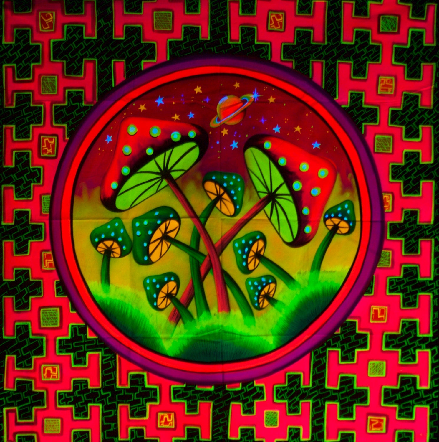 Magic Mushroom UV Painting - 100x100cm - fully blacklight glowing colors - psychedelic artwork