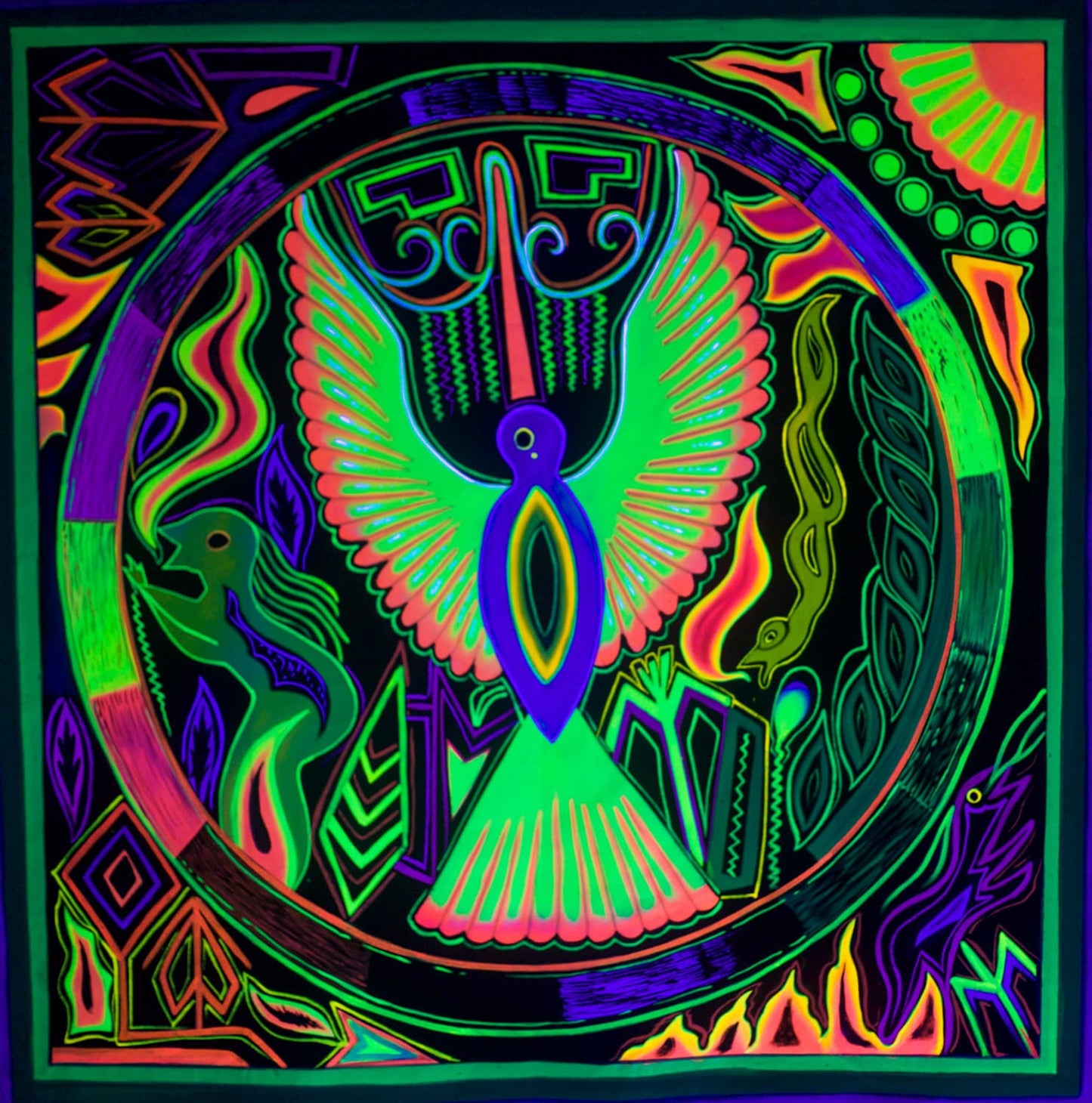 Huichol Peyote Eagle UV Painting - 100x100cm - fully blacklight glowing colors - huichol mescaline spirit artwork