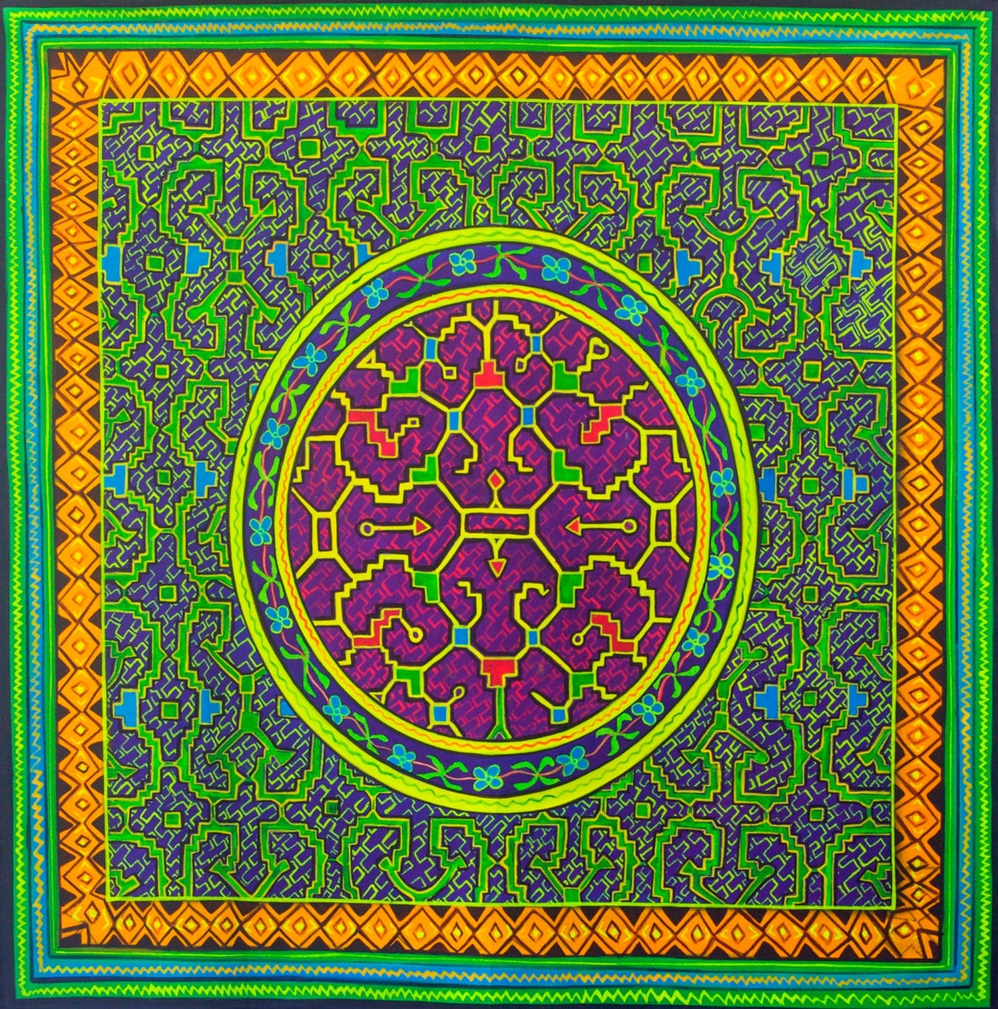 Shipibo Conibo Ayahuasca UV Painting- 100x100cm - fully blacklight glowing colors - psychedelic artwork