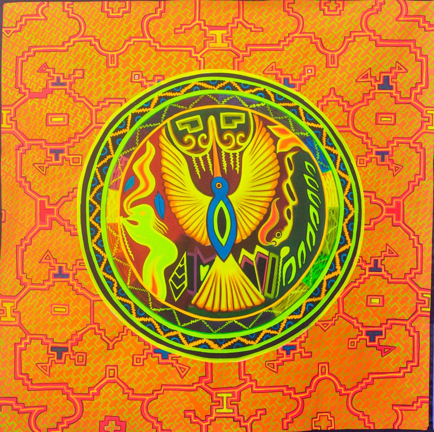 Huichol Eagle visionary art - fully blacklight glowing colors - psychedelic UV painting shipibo conibo yage artwork