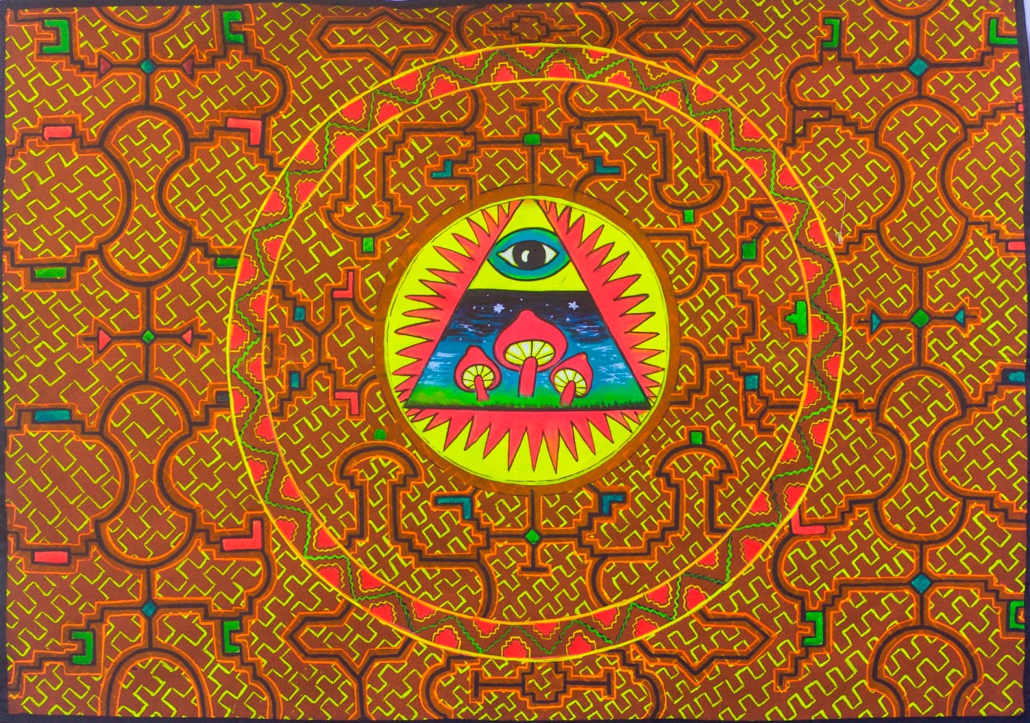 Magic Illuminati Shroom Painting - 90x60cm - handmade on order - fully blacklight glowing colors - psychedelic psilocybin visionary artwork