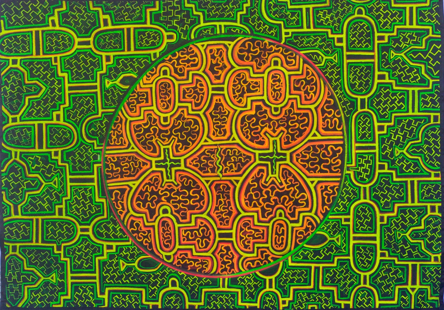 Blacklight Shipibo Painting - 90x60cm - handmade on order - fully blacklight glowing colors - psychedelic dmt visionary artwork - waterproof