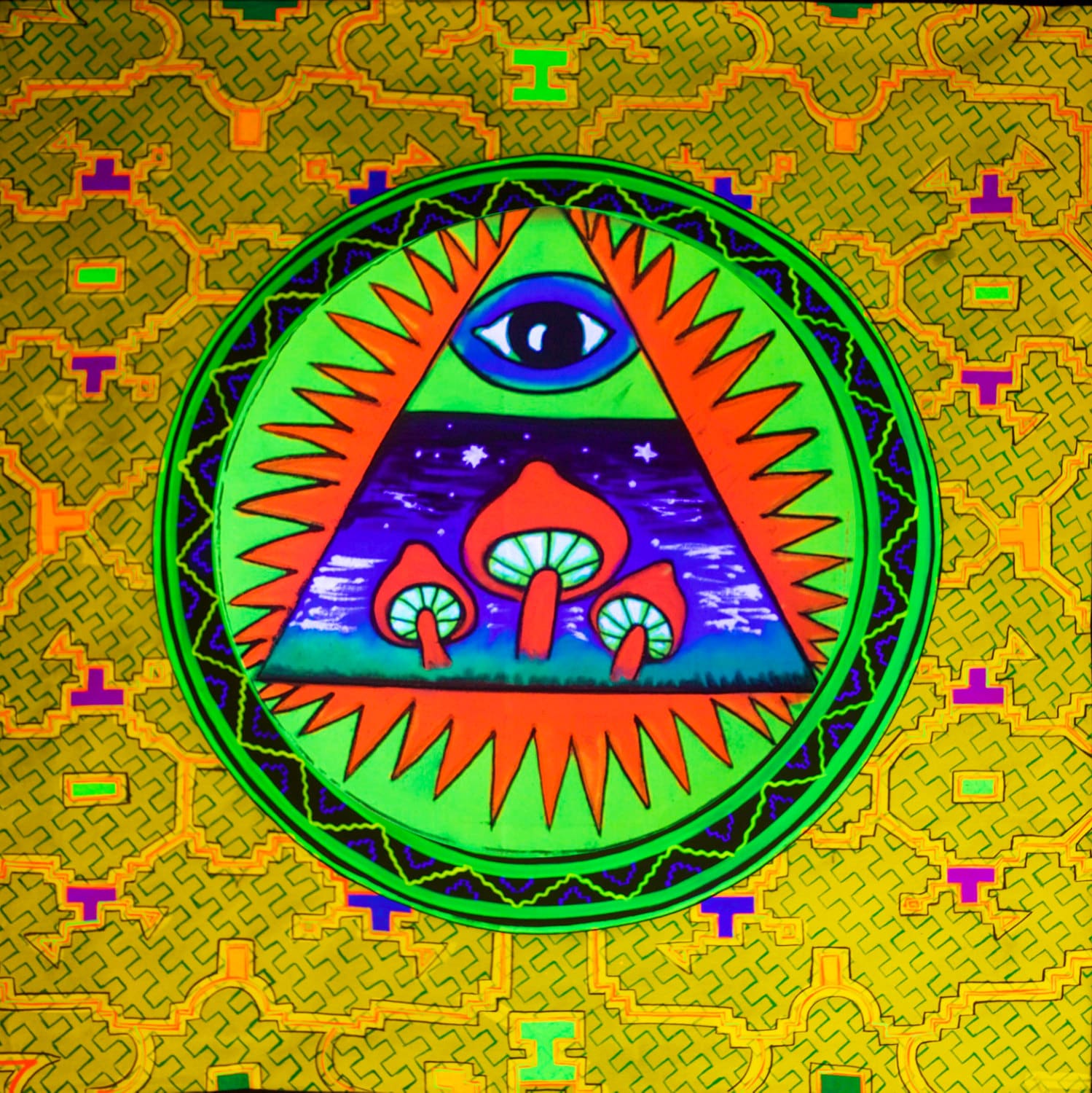 Illuminatihuasca - fully blacklight glowing painting - psychedelic UV shipibo conibo magic mushroom artwork