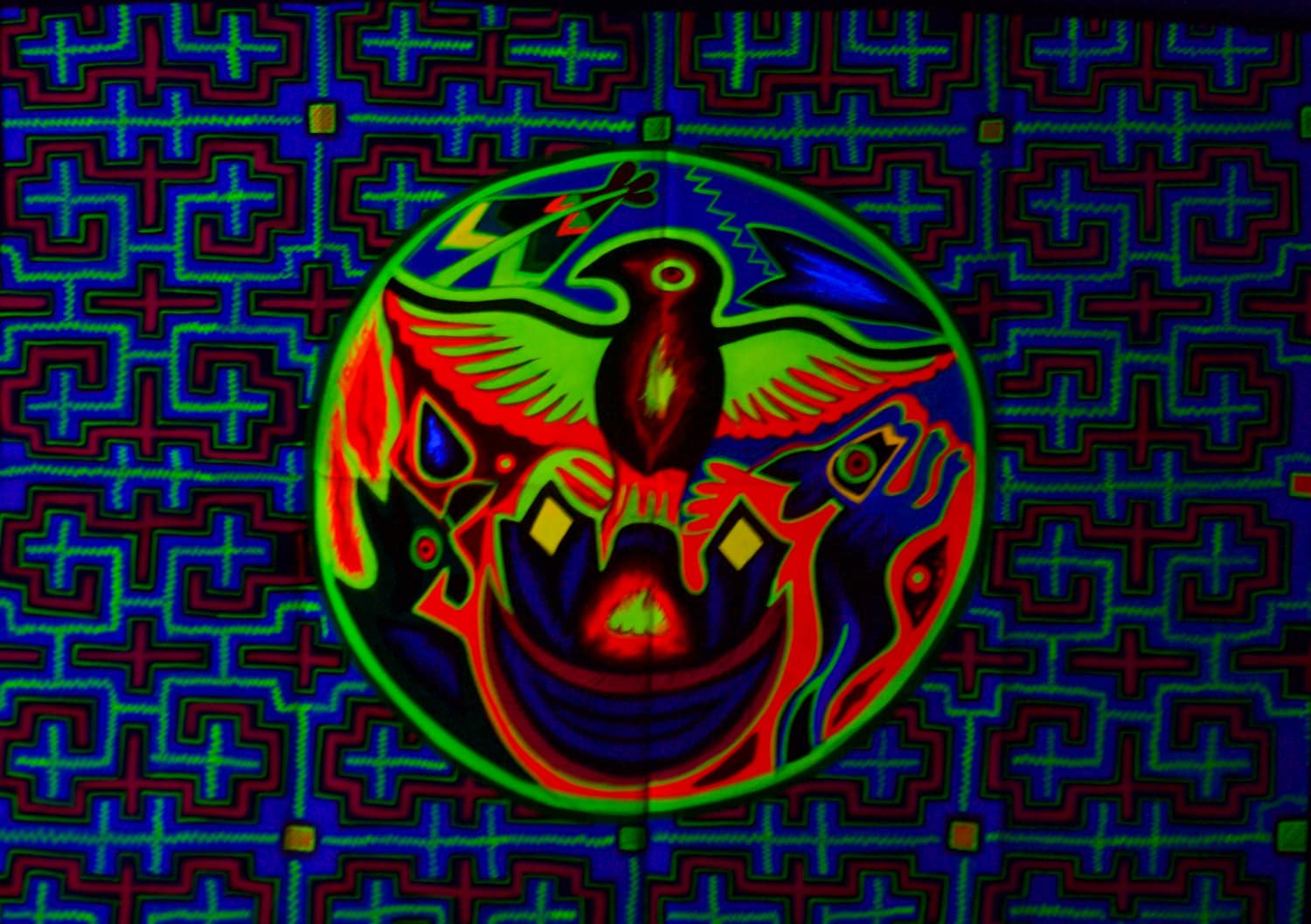Huichol Eagle UV Painting - 90x60cm - handmade on order - fully blacklight glowing colors - peyote shaman visionary artwork