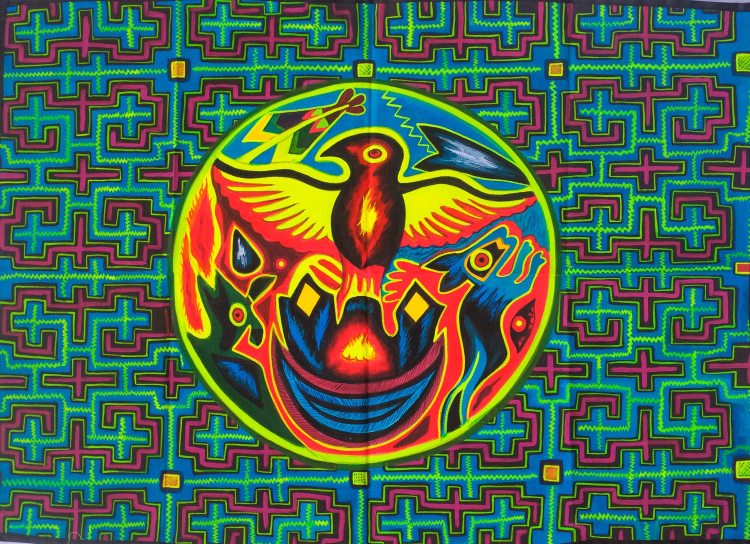 Huichol Eagle UV Painting - 90x60cm - handmade on order - fully blacklight glowing colors - peyote shaman visionary artwork