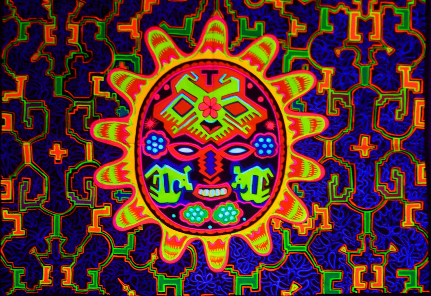 Huichol Shaman Peyote Sun Mask UV Painting - 90x60cm - handmade on order - fully blacklight glowing colors - peyote visionary artwork
