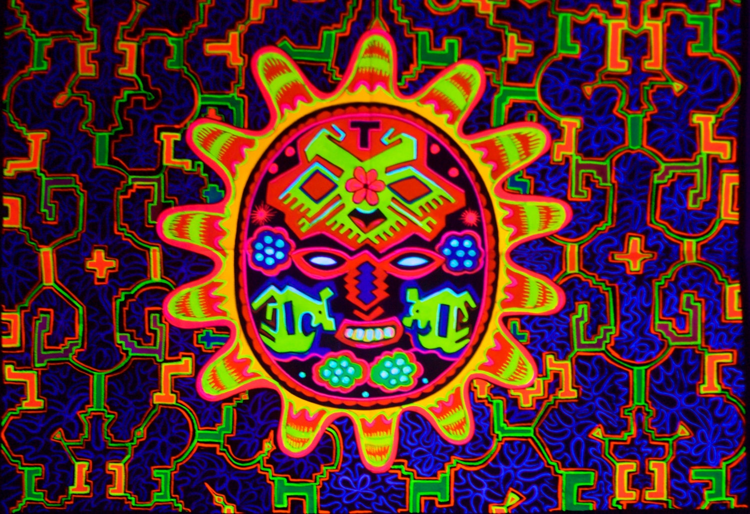 Huichol Shaman Peyote Sun Mask UV Painting - 90x60cm - handmade on order - fully blacklight glowing colors - peyote visionary artwork