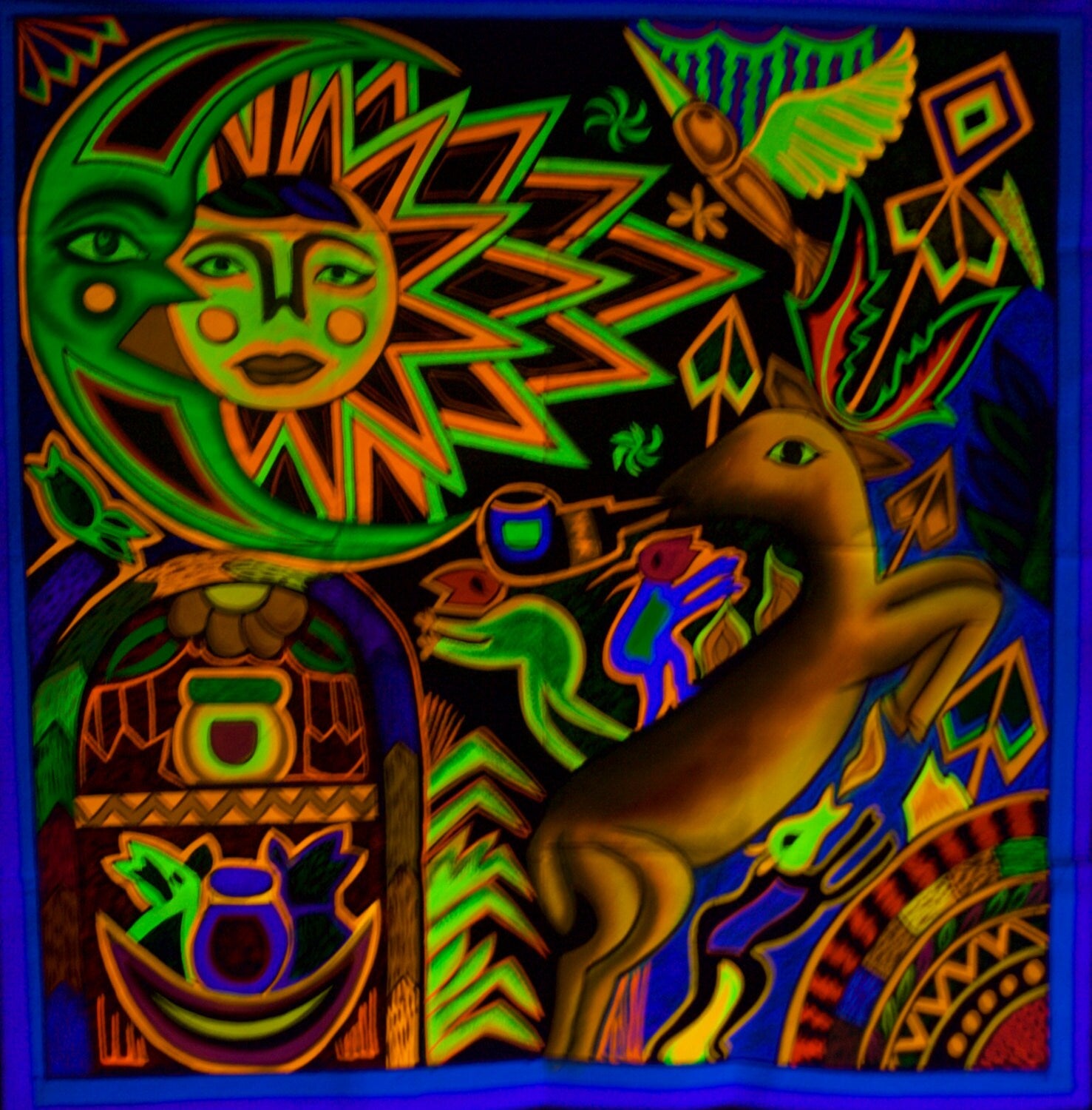 Visionary Peyote UV Artwork - 100x100cm - painted on order - fully blacklight glowing colors - huichol spirit artwork