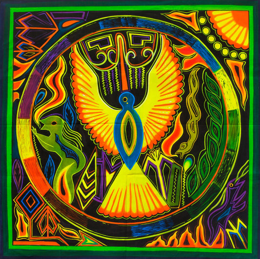 Huichol Peyote Eagle UV Painting - 100x100cm - fully blacklight glowing colors - huichol mescaline spirit artwork