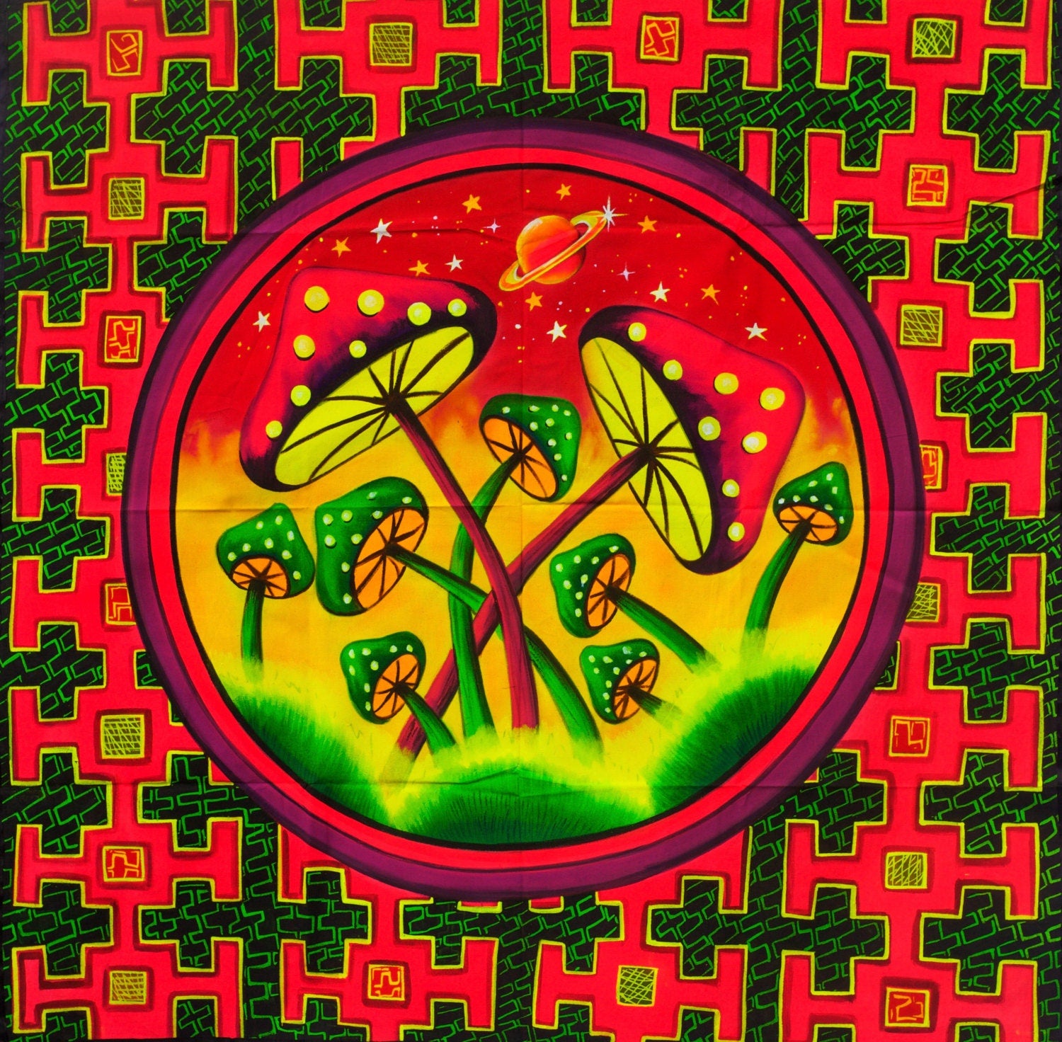 Magic Mushroom UV Painting - 100x100cm - fully blacklight glowing colors - psychedelic artwork