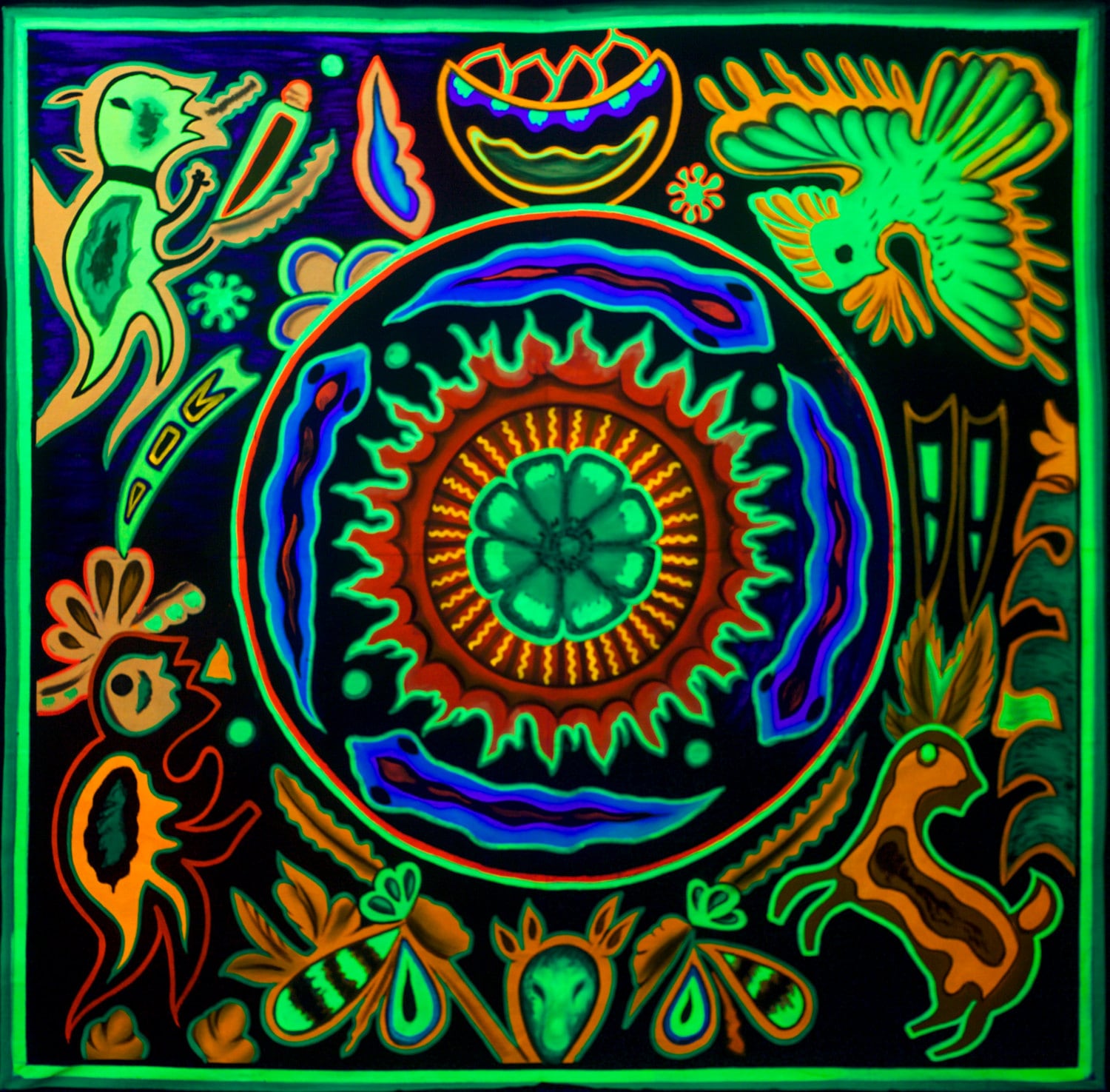 Huichol Peyote Mandala UV Painting - 100x100cm - painted on order - fully blacklight glowing colors - peyote visionary artwork