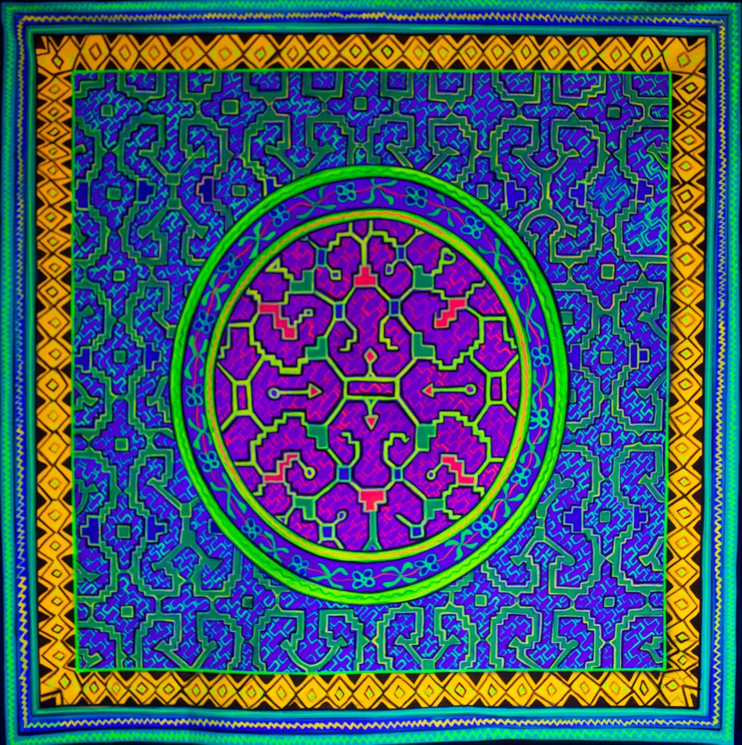 Shipibo Conibo Ayahuasca UV Painting- 100x100cm - fully blacklight glowing colors - psychedelic artwork