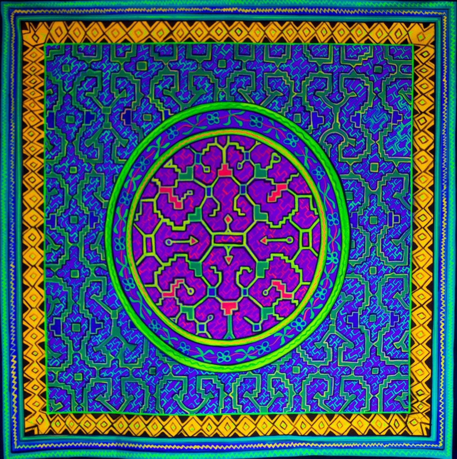 Shipibo Conibo Ayahuasca UV Painting- 100x100cm - fully blacklight glowing colors - psychedelic artwork