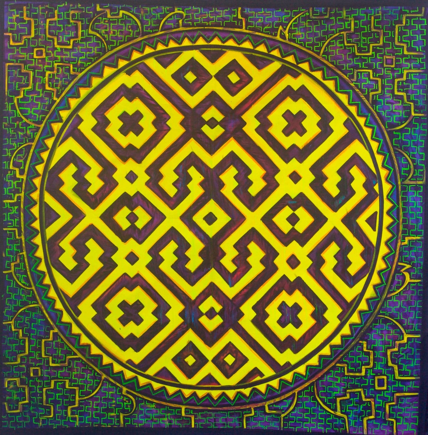 DMT visionary art UV painting - fully blacklight glowing colors - psychedelic shipibo conibo ayahuasca artwork