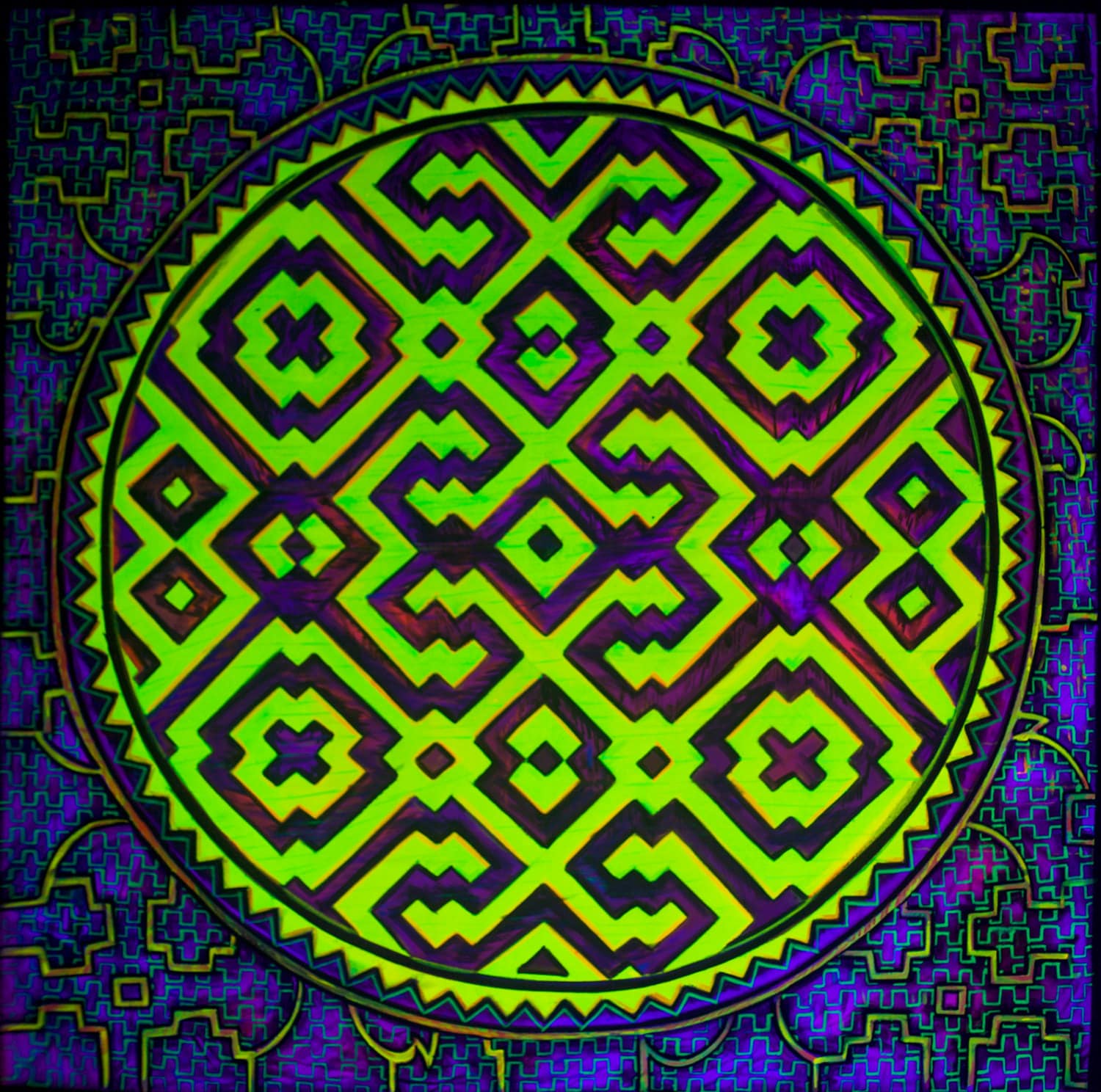 DMT visionary art UV painting - fully blacklight glowing colors - psychedelic shipibo conibo ayahuasca artwork