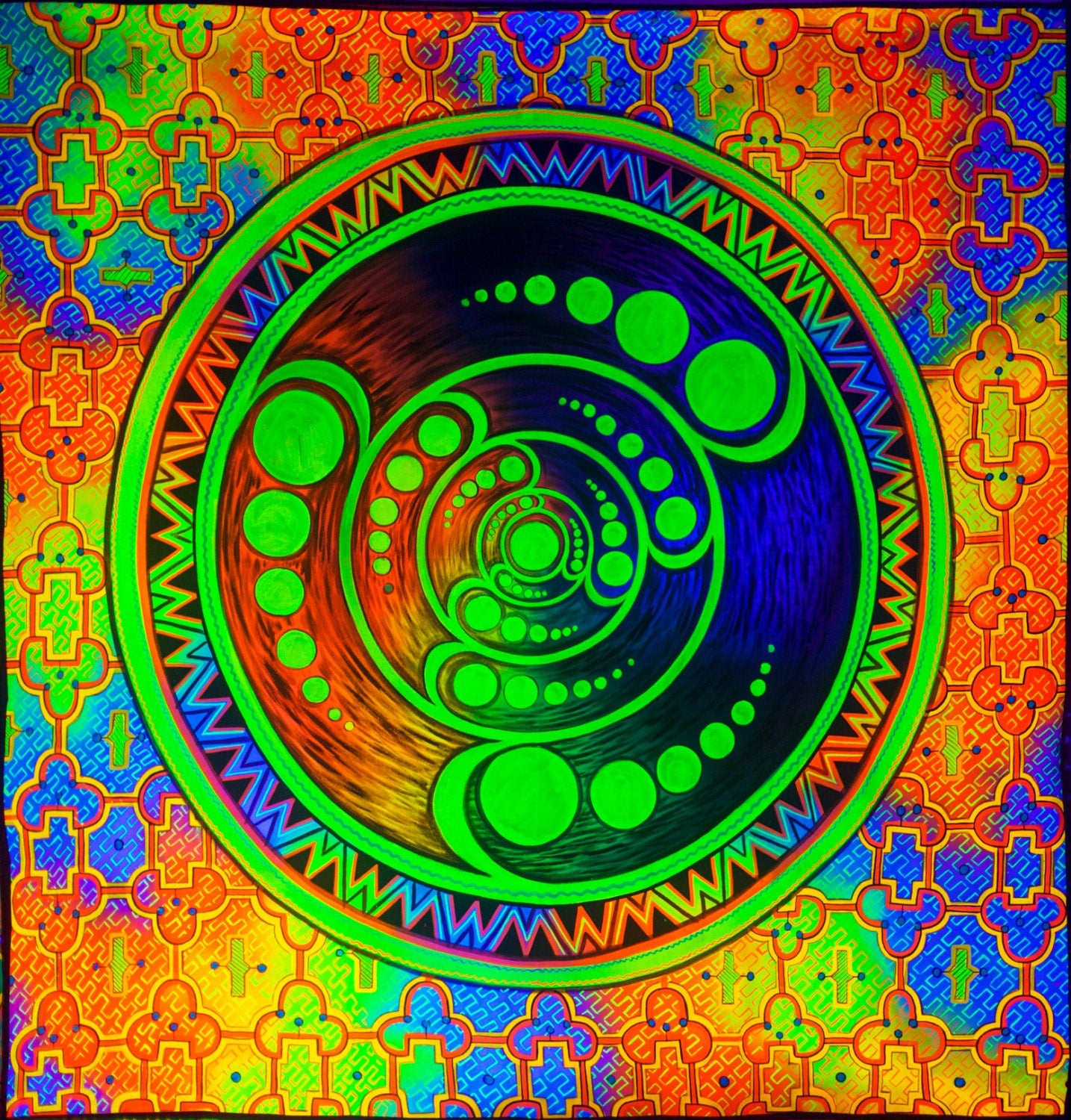 Crop Circle Shipibo UV painting big size - 1.5mx1.5m - fully blacklight glowing colors - psychedelic crop circle shipibo art