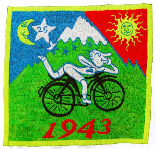Hofmann Bicycle Day LSD T-Shirt blacklight handmade embroidery no print goa t-shirt Timothy Leary Albert Hofmann vintage bicycleday art