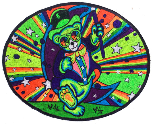 Psychedelic Teddy patch blacklight glowing handmade embroidery LSD artwork psytrance goatrance hippie UV active glowing piece of art