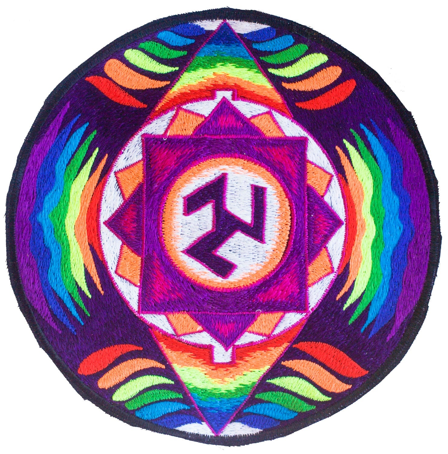 Antakarana Tribal Triskelion Rainbow Mandala - handmade psychedelic 7 inch embroidery patch sun wheel ancient symbol