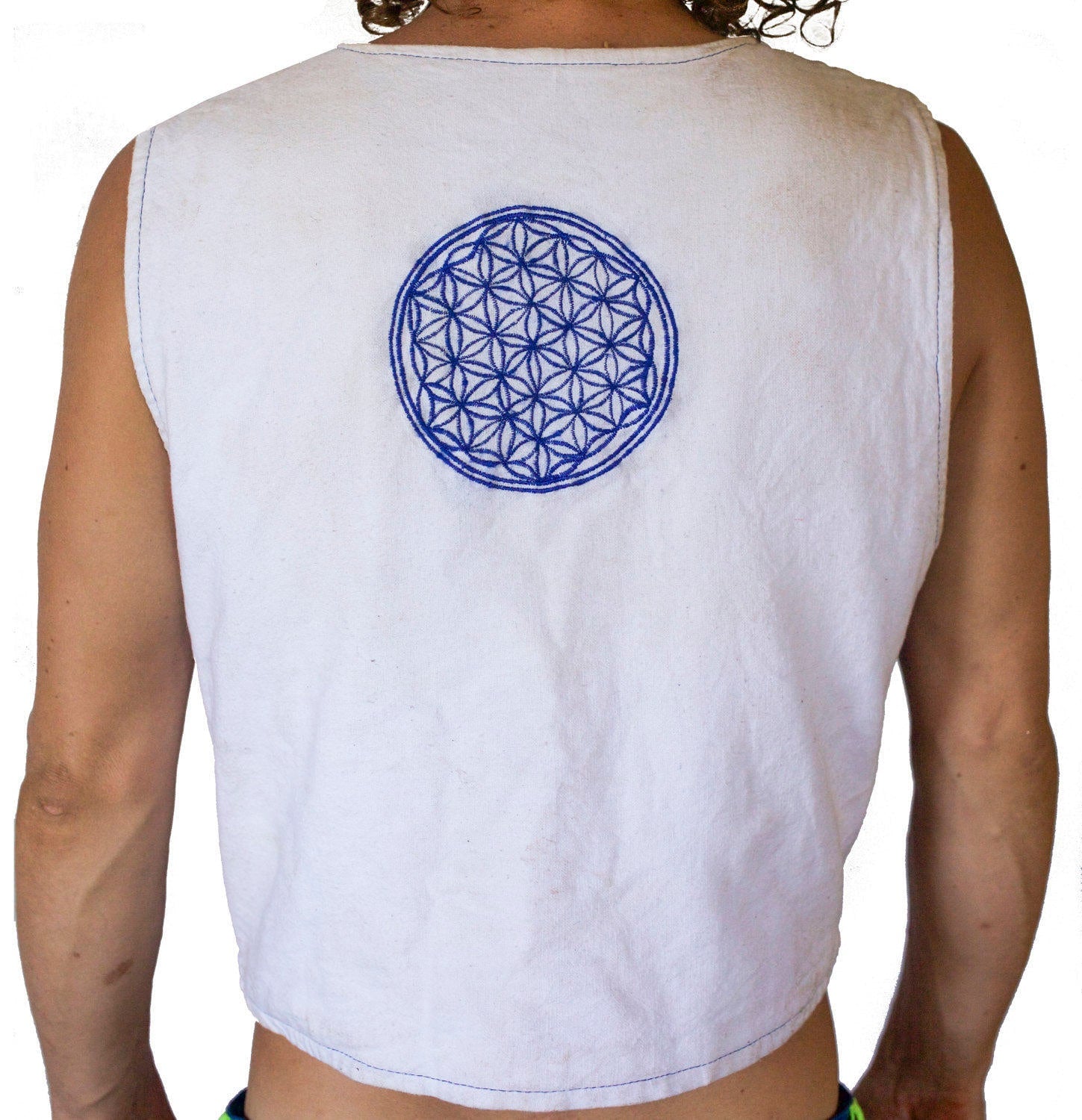 Flower Power summer jacket - handmade hippie artwork with flower of life embroidery on backside - you can choose any background fabric color