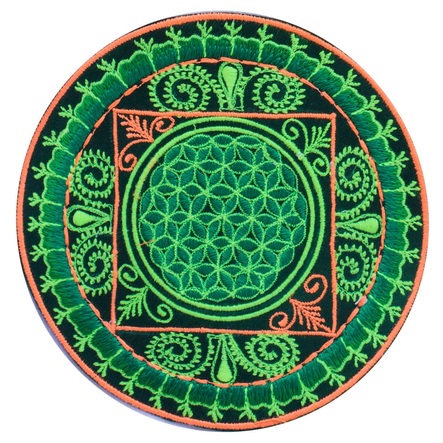 green fractal flower of life patch medium size - blacklight glowing handmade embroidery sacred geometry mandala