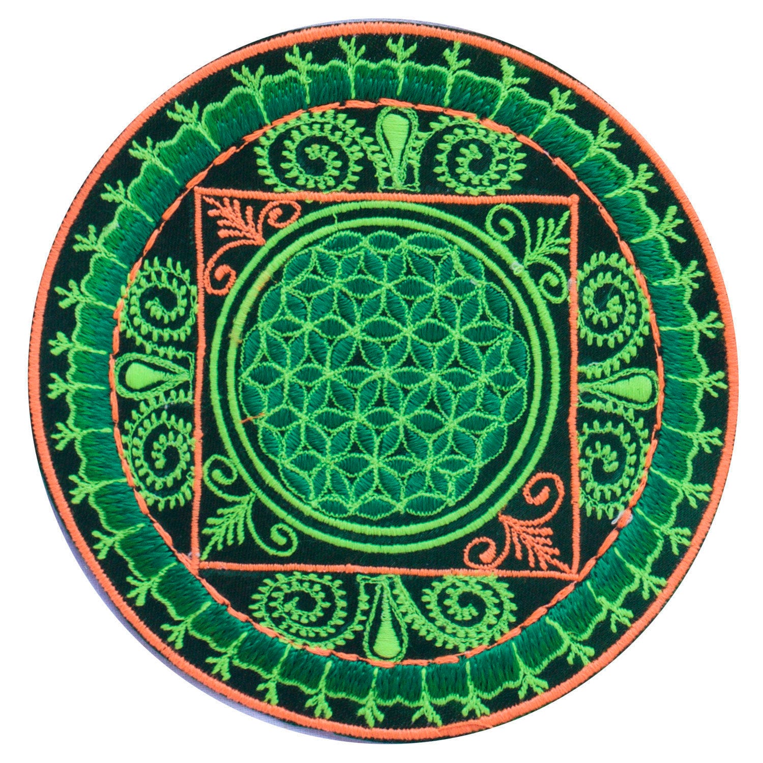 green fractal flower of life patch medium size - blacklight glowing handmade embroidery sacred geometry mandala