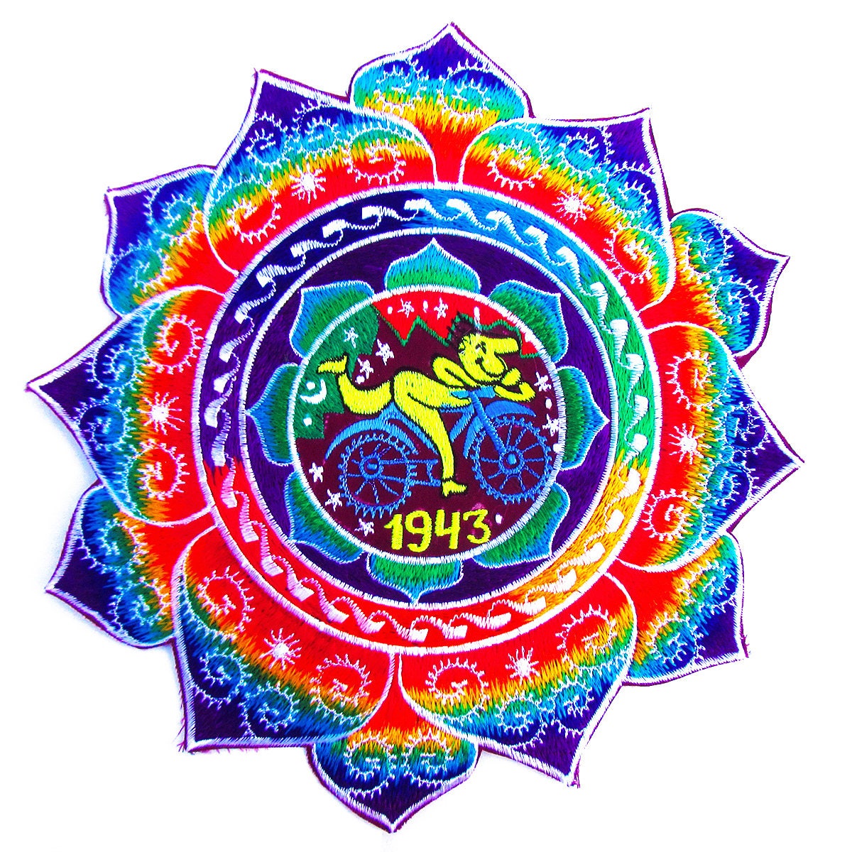 Hofmann LSD Mandala Bicycle Day blacklight rainbow Patch 1943 Psychedelic Fractal Acid Trip Goa Hippie Visionary Medicine Divine Healing