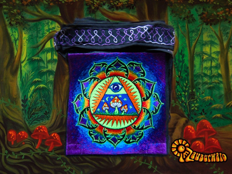 Allseeing Shrooms Bag psychedelic shoulderbag goa trance embroidery consciousness eye rainbow mandala blacklight glowing