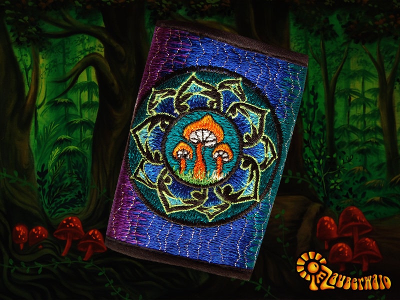 Mushroom Mandala moneypocket embroidery handmade in Goa billfold magic mushroom wallet psychedelic purse