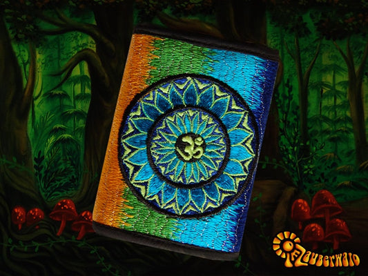 Blue AUM Mandala" moneypocket cosmic music wallet psychedelic goa trance billfold blacklight glowing om
