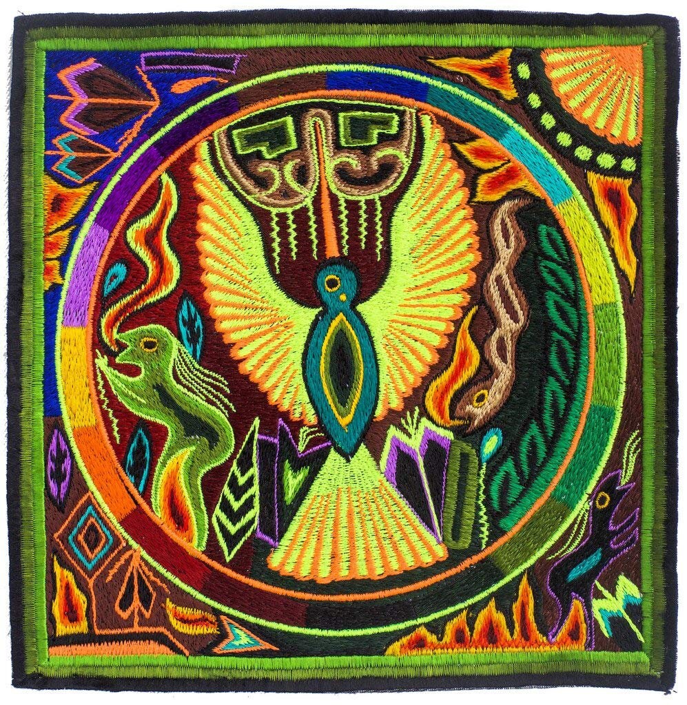 Huichol Golden Eagle peyote embroidery patch shaman artwork mescaline blacklight glowing colors