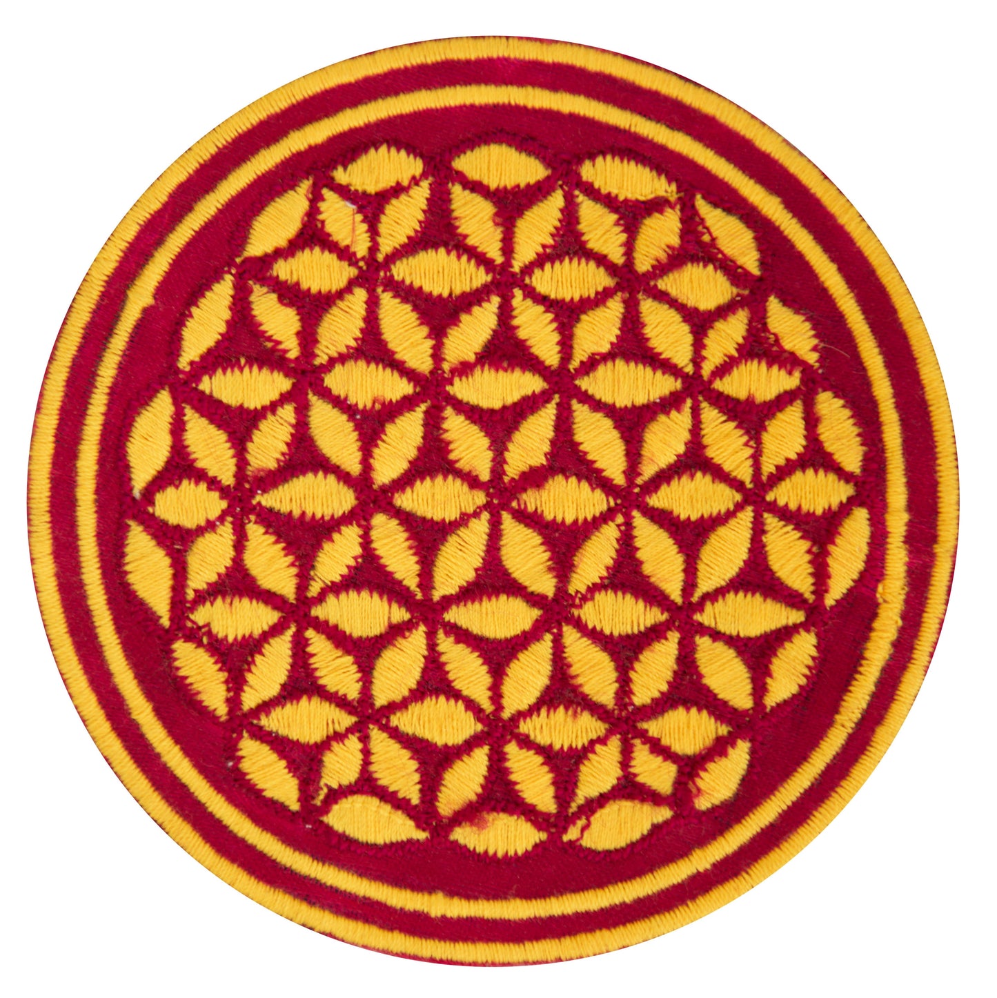 maroon UV orange flower of life patch small size embroidery application with variations - handcrafted sacred geometry