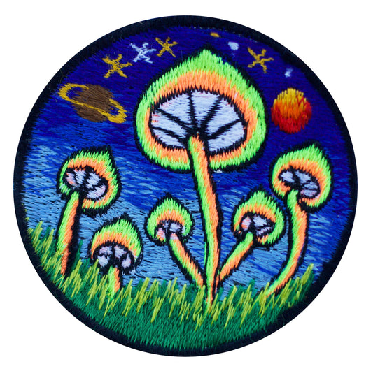 Magic Mushroom patch 3.5 inch size psilocybin planet shroom blacklight glowing sew on embroidery psychedelic goapatch Maria Sabina art