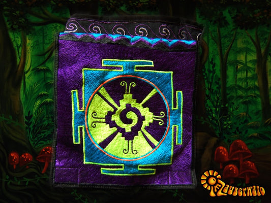 Hunab Ku shoulderbag blacklight glowing Maya symbol center of galaxy purple handbag