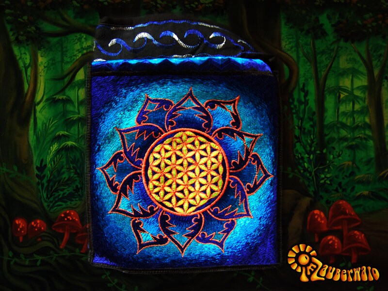 Blue flower of life shoulderbag blacklight glowing handbag sacred geometry mandala