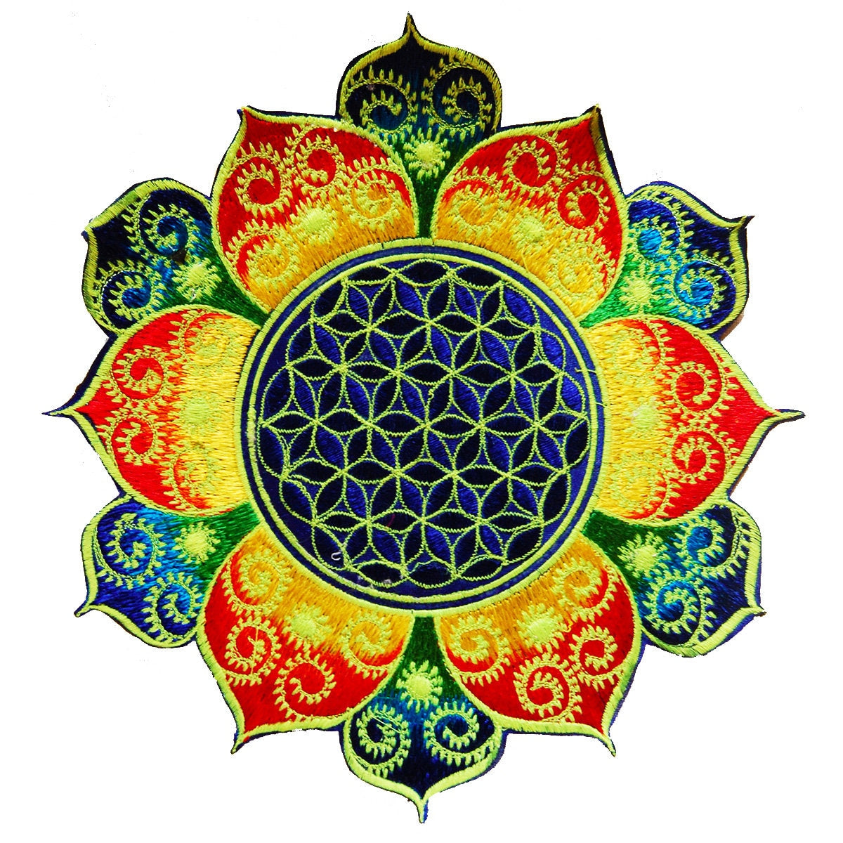 Rainbow Flower of Life fractal mandala holy geometry patch sacred geometry art