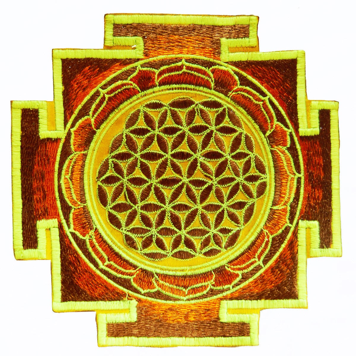 Blue UV Orange yantra flower of life sacred geometry goa patch holy healing information