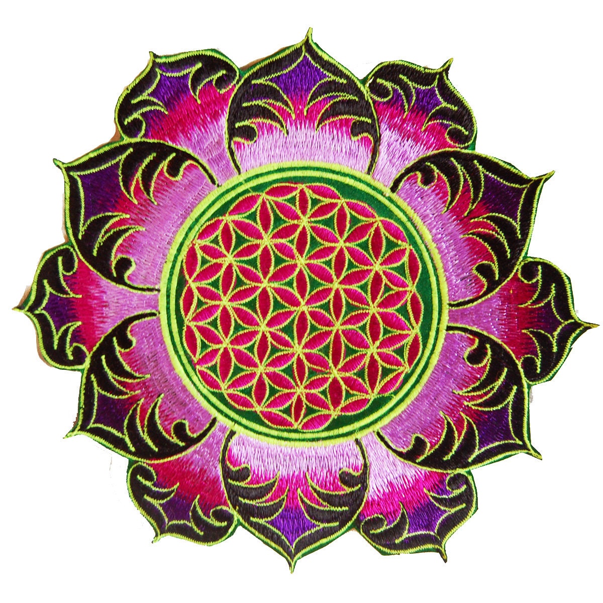 Green Purple Flower of Life holy geometry patch fractal mandala sacred geometry embroidery art for sew on