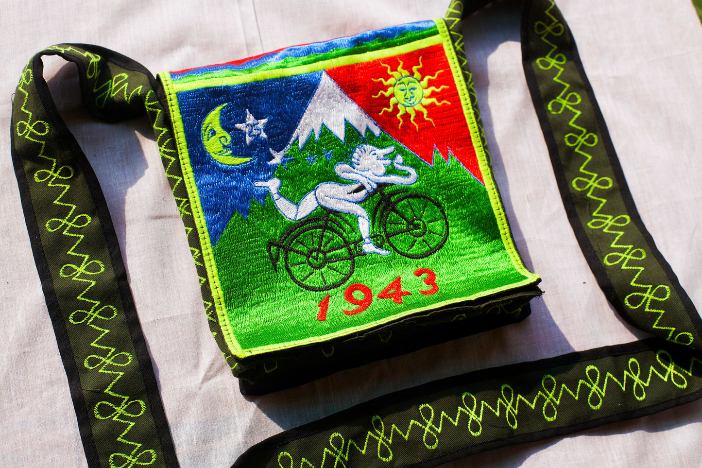 Albert Hofmann Bicycleday bag psychedelic shoulderbag goa trance embroidery LSD vintage artwork Timothy Leary