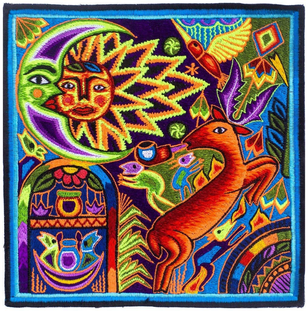Huichol "Sun Deer" peyote embroidery patch shaman artwork mescaline blacklight glowing colors