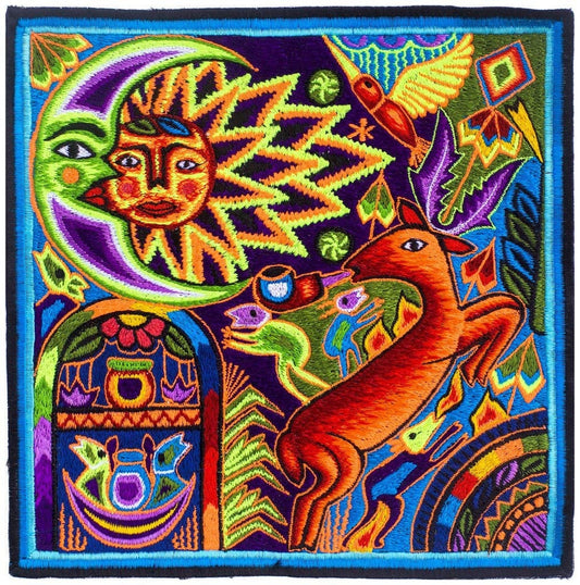 Huichol "Sun Deer" peyote embroidery patch shaman artwork mescaline blacklight glowing colors