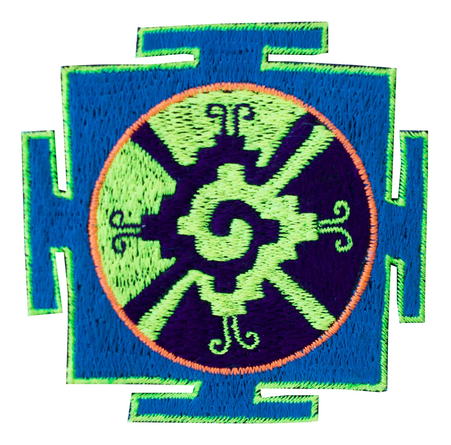 Blue Hunab Ku small embroidery patch 3.3 inches for sew on - blacklight glowing Maya art for the center of our galaxy