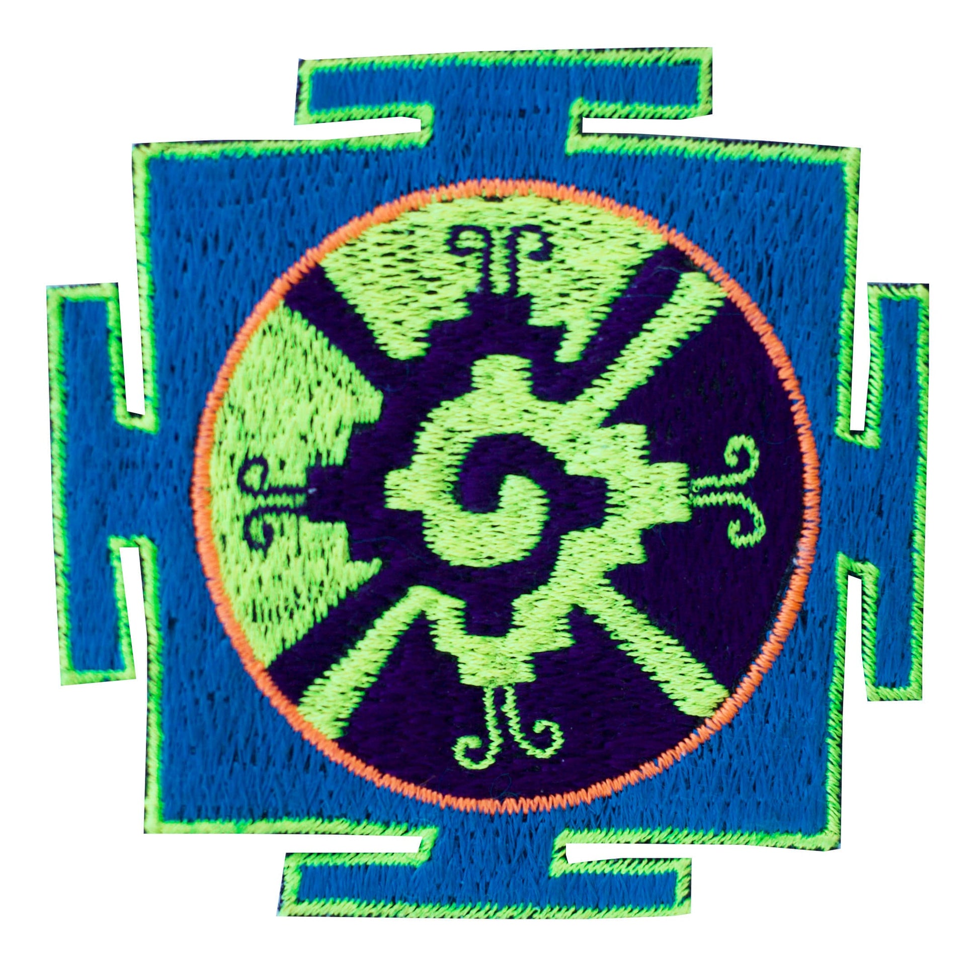 Blue Hunab Ku small embroidery patch 3.3 inches for sew on - blacklight glowing Maya art for the center of our galaxy