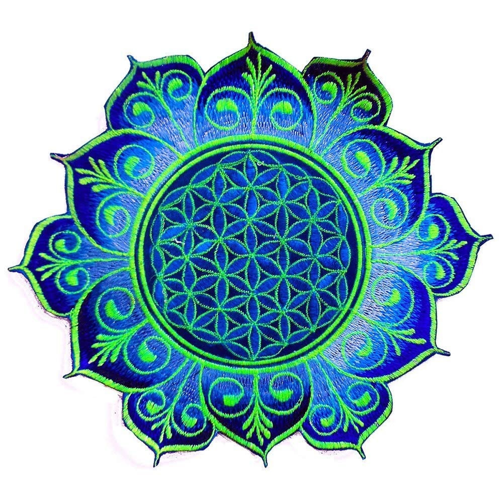 Blue Flower of Life embroidery patch for sew on - holy geometry sacred healing flower mandala