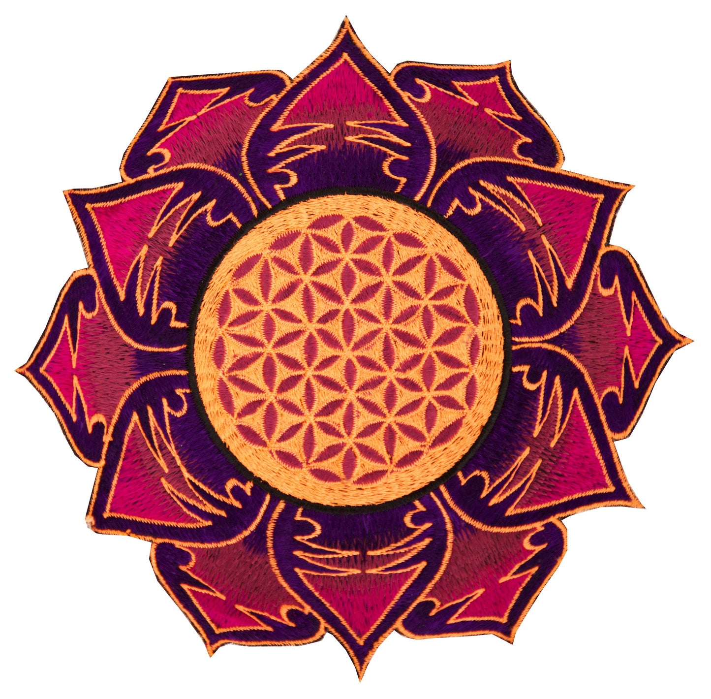 UV orange maroon Flower of Life embroidery for sew on - holy geometry sacred blacklight glowing patch