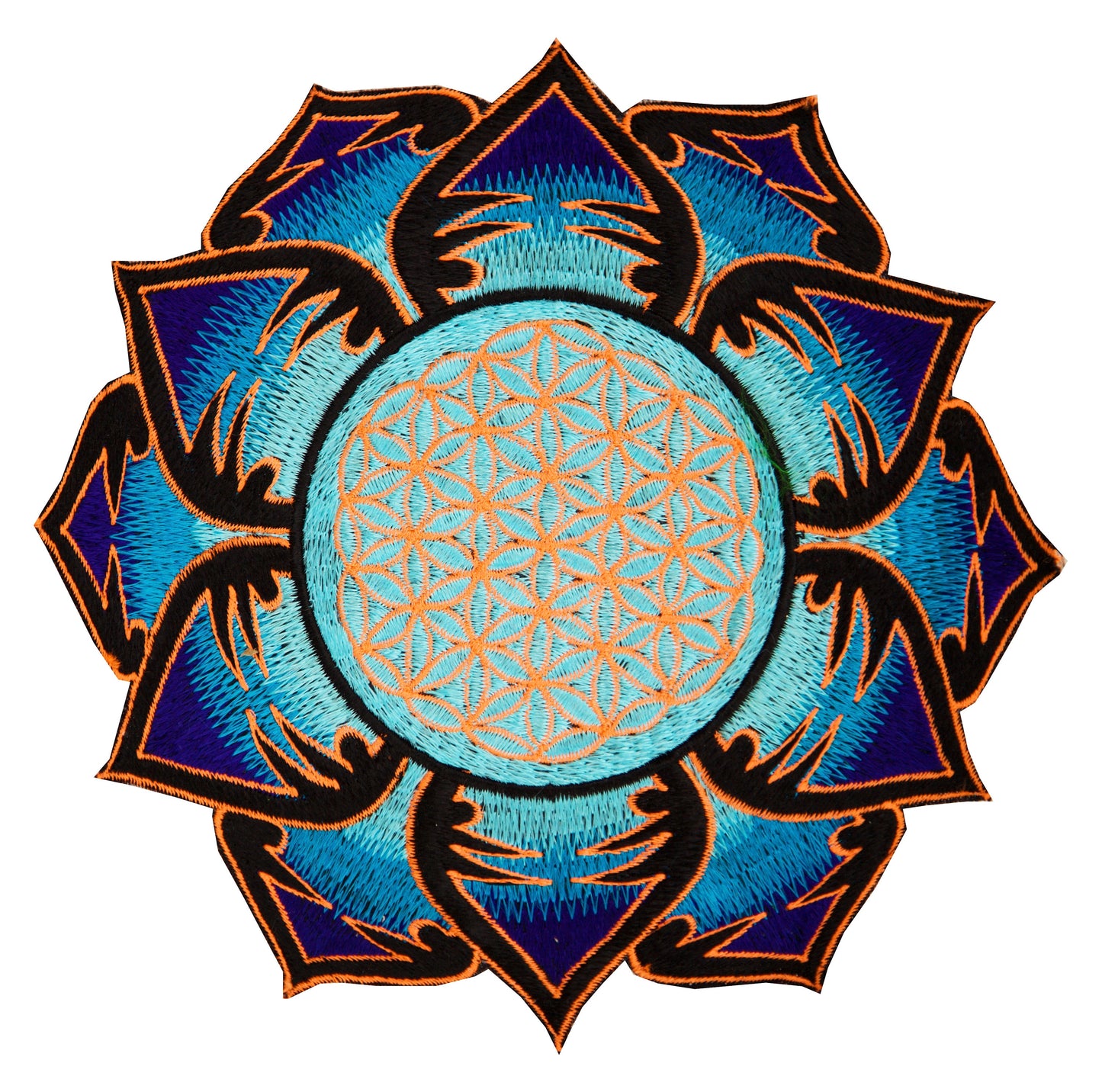 UV orange lightblue Flower of Life embroidery for sew on - holy geometry sacred blacklight glowing patch